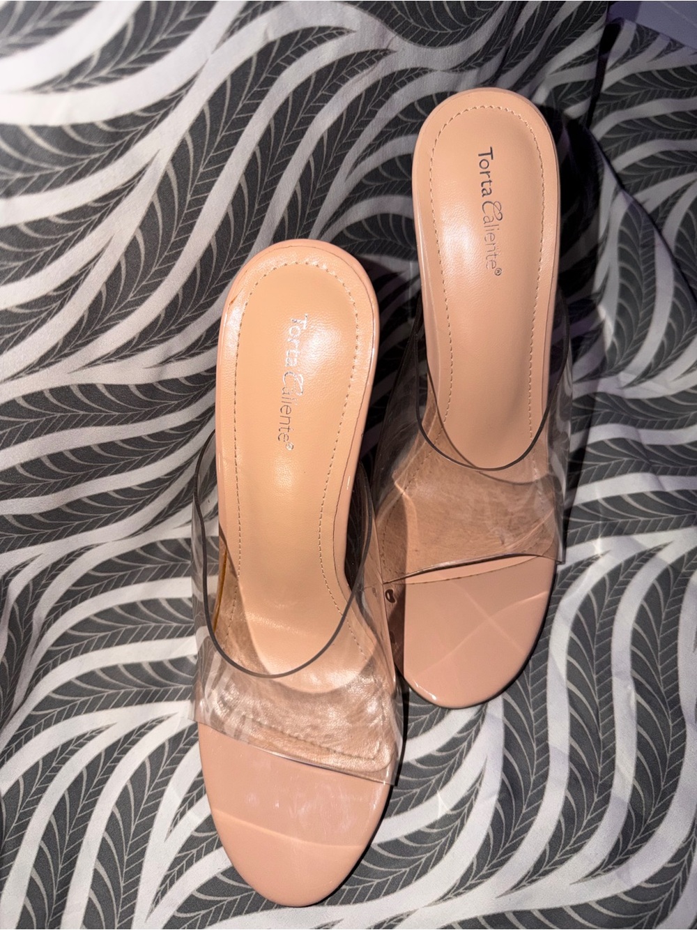 Torta Caliente Karmen Clear Lucite Block Heel Nude Mules Size 7.5M
